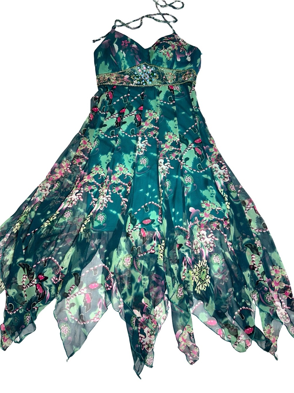Vintage Y2K 100% Silk Beaded Handkerchief Hem Halter Dress Green Floral